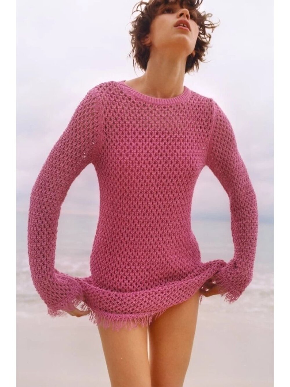 Zara Pink Crochet Dress Round Neck Long Sleeve Fringe Trim Sz Medium